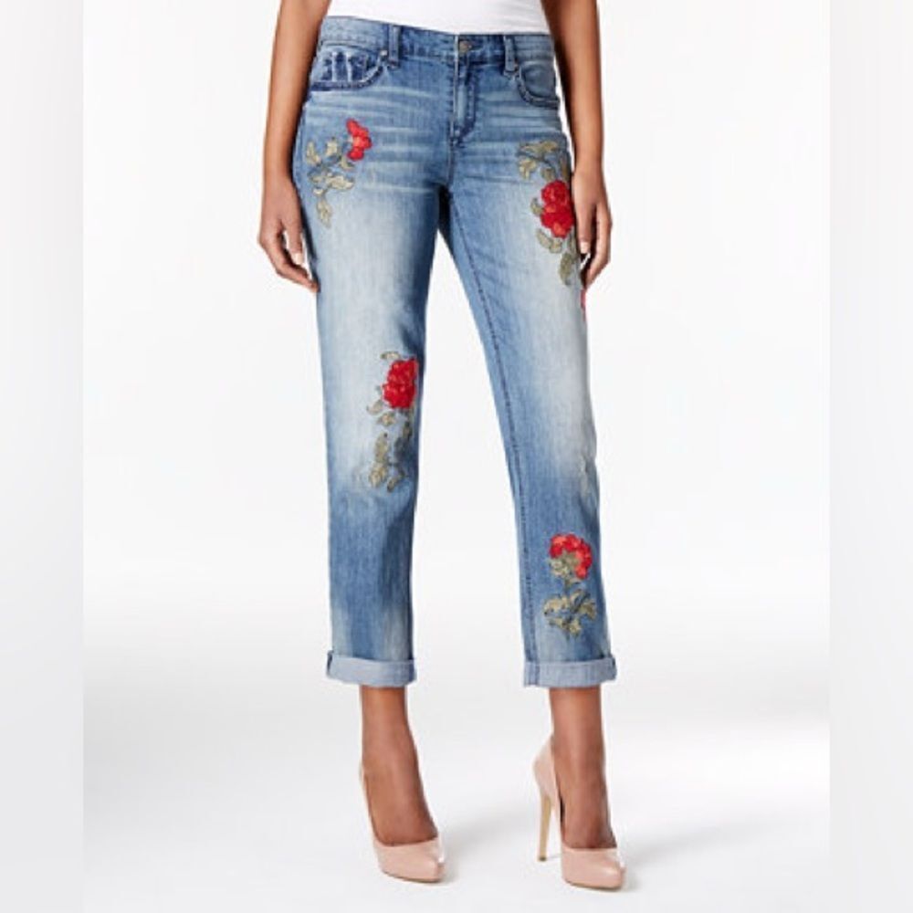 Vintage America Light Blue Jeans with Red Floral Design
